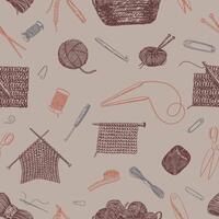 Hobby, knitwork seamless pattern. Ornament of knitting needles, crochet hook, yarn, stitch marker, handicraft tools. Design in retro style. vector