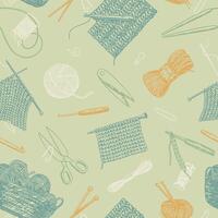 Hobby, knitwork seamless pattern. Ornament of knitting needles, crochet hook, yarn, stitch marker, handicraft tools. Design in retro style. vector