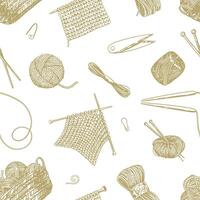 Handicraft tools, hobby knitwork seamless pattern. Ornament of knitting needles, yarn, stitch marker, scissors. Design in engraving style. vector