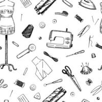 Seamless pattern of tailor tools. Ornament of sewing machine, mannequin, fabrics, threads, needles, scissors, dressmaker equipment. vector