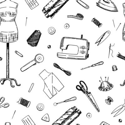Seamless pattern of tailor tools. Ornament of sewing machine, mannequin, fabrics, threads, needles, scissors, dressmaker equipment.