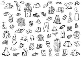 Different clothes doodle set. Sketch of outerwear, shoes, hats, scarves, swimwear, accessories. Outline illustrations collection. vector