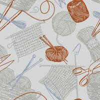 Handicraft tools, hobby knitwork seamless pattern. Ornament of knitting needles, yarn, stitch marker, scissors. Design in engraving style. vector