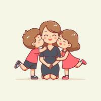 Heartwarming Simple Cute Cartoon Illustration Of A Mother and Lovely Children Bonding Scene vector