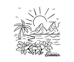tropical verano playa ola con palma árboles, montañas y puesta de sol para t camisa impresión. estilizado de un tranquilo playa paisaje para verano viaje y vacaciones. gráfico tee para navegar arriba verano tiempo. vector