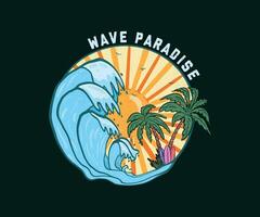 ola paraíso surf paraíso t camisa diseño. palma árbol con verano eslogan en playa puesta de sol antecedentes ilustración. ola verano playa paraíso. vector