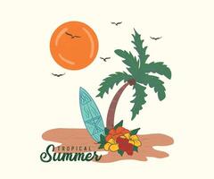 Tropical Summer Paradise graphics design, typography slogan on palm trees background. Summer beach vibes. Sunshine with wave. Surfing Board with Sun. Birds Flying. Tropical Flowers. vector