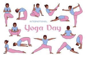 muchachas realizar yoga poses y ejercicios para salud y relajación. internacional yoga día íconos en plano estilo. ilustración aislado en blanco antecedentes. vector