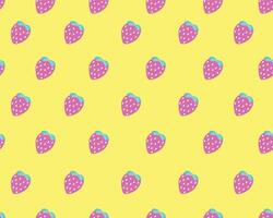 Seamless pattern with pink strawberries on a bright yellow background, hand drawn. Colorful tasty berries. Illustration for print and design in flat style. The concept of proper nutrition. vector