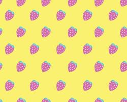 Seamless pattern with pink strawberries on a bright yellow background, hand drawn. Colorful tasty berries. Illustration for print and design in flat style. The concept of proper nutrition. vector