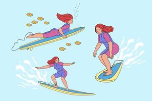 Sportswomen on a surfboard in different icon poses. A girl surfer catches a wave on her board. Water sports. Balancing at sea. Illustration isolated on blue background in flat style. vector