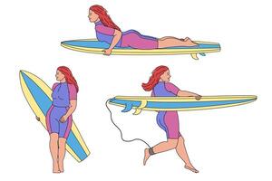 Sportswomen on a surfboard in different poses. A surfer girl runs with her board. Water sports. Illustration isolated on white background in flat style. vector