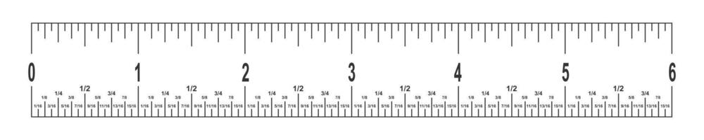 6 inches ruler scale with fractions. Math or geometric tool for distance, height or length measurement with markup and numbers vector