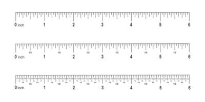 Set of 6 inches scale for ruler with markup, numbers and fractions. Math or geometric tools for distance, height or length measuring vector