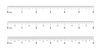 Set of 6 inches scale for ruler with markup, numbers and fractions. Math or geometric tools for distance, height or length measuring vector