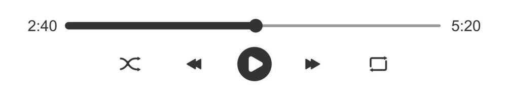 Audio player progress loading bar with time slider. Play, shuffle, repeat, rewind and fast forward buttons. Template of media player playback panel interface vector