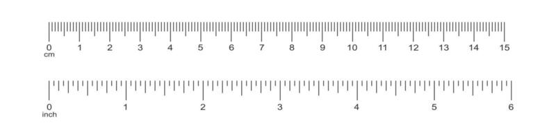 Horizontal scale with 6 inch and 15 centimeter markup and numbers. Measuring chart of metric and imperial units. Distance, height or length measurement tool templates vector