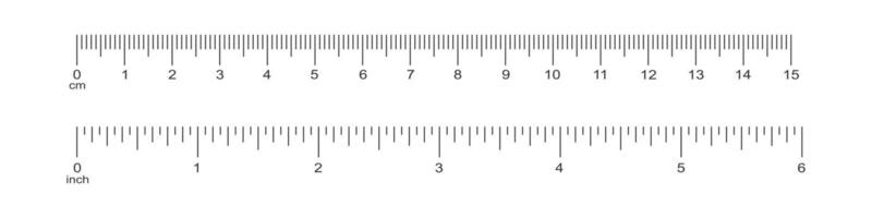 Horizontal scale with 6 inch and 15 centimeter markup and numbers. Measuring chart of metric and imperial units. Distance, height or length measurement tool templates vector