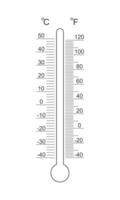 Celsius and Fahrenheit meteorological thermometer degree scale with glass tube silhouette. Template for outdoor temperature measuring tool vector