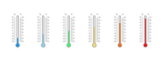 Set of Celsius and Fahrenheit meteorological thermometer scales with different temperature index. Outdoor temperature measuring tools vector