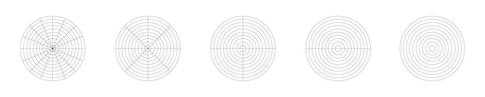 Circle diagrams divided on segments. Chart with concentric circles cutting on equal parts. Wheel of life or habits tracker template vector