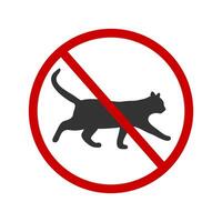 No cats allowed icon. Pets walking ban zone pictogram. Kitten prohibited symbol. Feline silhouette in red forbidden sign vector