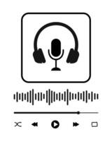 Online radio, podcast, broadcast concept. Audio player interface with headphones and microphone signs, sound wave, loading bar and buttons. Mediaplayer panel template vector