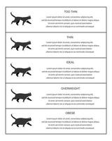 gato peso gráfico infografía mesa. gatitos perfiles con normal y anormal cuerpo condición. delgado, ideal, exceso de peso y obeso felino Doméstico mascotas vector