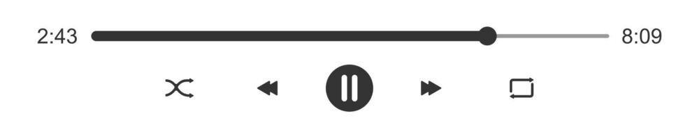 Media player loading bar with time slider, buttons pause, shuffle, repeat, rewind and fast forward. Elements of audio player playback panel interface vector