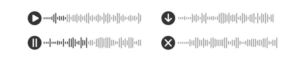 Sound file icons. Voicemail pictograms. Audio chat elements with play, pause, download buttons and speech waves. Messenger mobile app interface vector