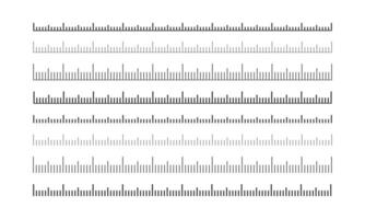Set of ruler, tape or thermometer scales. Horizontal measuring chart with markup. Distance, height or length measurement of math, sewing, meteorological tool templates vector