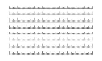 Set of ruler, tape or thermometer scales. Horizontal measuring chart with markup. Distance, height or length measurement of math, sewing, meteorological tool templates vector