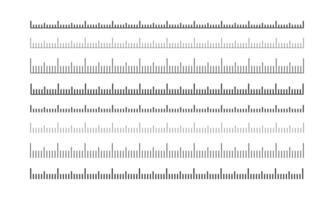 conjunto de gobernante, cinta o termómetro escamas. horizontal medición gráfico con margen. distancia, altura o longitud medición de matemáticas, de coser, meteorológico herramienta plantillas vector