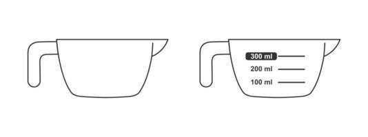 300 ml volume cups blank and with measuring scale. Liquid containers for cooking with fluid capacity chart vector