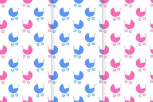 Set of seamless patterns with baby prams. Pink and blue strollers background for scrapbooking or wrapping paper, bedcloth fabric design vector