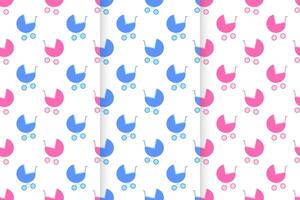 Set of seamless patterns with baby prams. Pink and blue strollers background for scrapbooking or wrapping paper, bedcloth fabric design vector