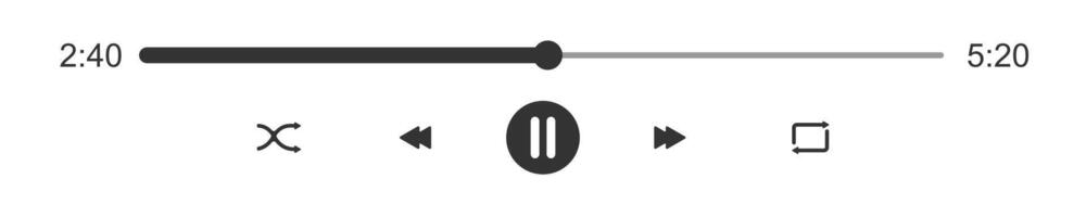 Audio player progress loading bar with time slider. Pause, shuffle, repeat, rewind and fast forward buttons. Template of mediaplayer playback panel interface vector