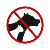 No pets allowed icon. Dogs or cats prohibited symbol. Animals ban zone pictogram. Canine and feline silhouettes in red forbidden sign vector