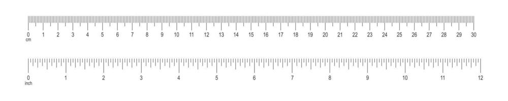 Horizontal scale with 12 inch and 30 centimeter markup and numbers. Measuring charts of metric and imperial unit. Distance, height or length measurement tool templates vector