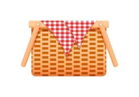 Empty woven basket with gingham picnic blanket. Hand wicker willow or bamboo hamper with handles vector