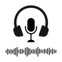 Headphones, microphone and sound wave icons. Online radio, concert, song recording, streaming, podcast, broadcast pictogram vector