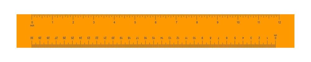 Wooden or plastic orange ruler with 12 inch and 30 centimeter scale. Distance, height or length measurement math tool. Horizontal measuring chart with markup and numbers vector