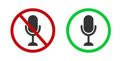 Record disabled and enabled pictograms. Sound off and on symbols in online conference. Microphone icon in red forbidden and green allowed signs vector