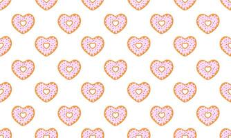 Heart shaped donut seamless pattern. Sweet doughnuts cakes background for Valentines day. Scrapbooking or wrapping paper, napkin or tablecloth textile design vector