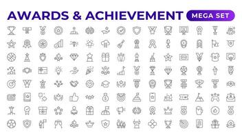 Reward icon set. Success icon, Contains icons prize, trophy, winner, gift, bonus card illustration.Set of Winner medal, cup and Laurel wreath award icons. Award line Reward, Certificate. vector