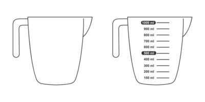 1 liter volume measuring cups with and without capacity scale. Liquid containers for cooking vector