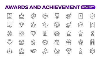 Reward icon set. Success icon, Contains icons prize, trophy, winner, gift, bonus card illustration.Set of Winner medal, cup and Laurel wreath award icons. Award line Reward, Certificate. vector