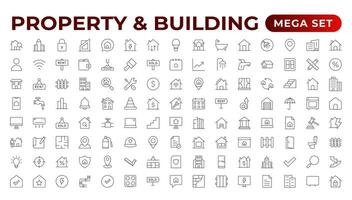 Set of line icons related to real estate, property, buying, renting, house, home. Outline icon collection. illustration. Real estate Big UI set in a flat design. Thin outline pack. vector