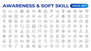 Set of self awareness icons. Thin linear style icons Pack. Illustration. Volunteering set. Outline set volunteering icon. Soft skills icon Containing communication, empathy, assertiveness. vector