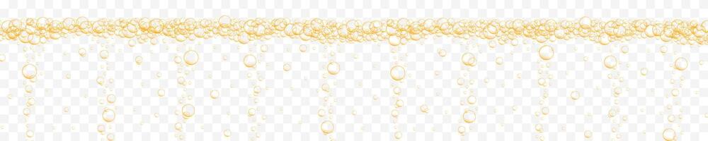 Golden air bubbles stream on transparent background. Sparkling fizzy drink, seltzer, champagne, prosecco, carbonated water, beer, soda, lemonade texture vector